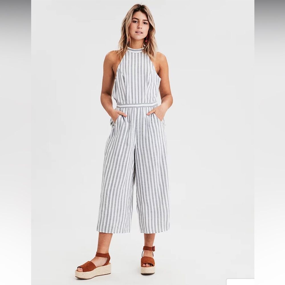 American Eagle Outfitters Striped Halter Jumpsuit in White and Gray